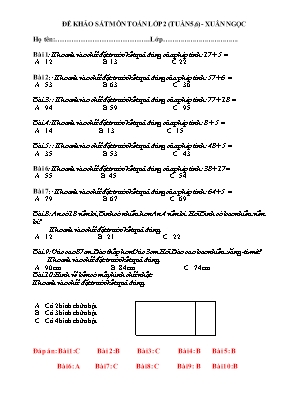 Đề khảo sát môn Toán Lớp 2 - Tuần 5+6 - Trường TH Xuân Thành